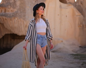 Striped Shirt Dress, Linen Shirt Dress for Women, Long Sleeve Shirt Dress with Pocket, Collared Dress Shirt, Linen Clothing