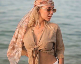 Beige Linen Wrap Crop Top: Soft Washed Organic Blouse
