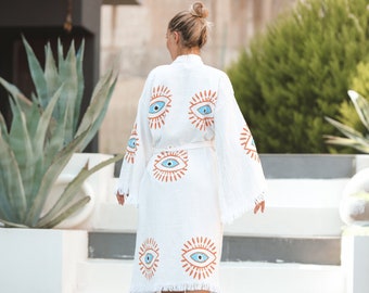 Evil Eye Robe, Kimono Midi Dress, Towel Robe Of Eyes, Pool Kimono Robe Womens,Women's Kimono Maxi Dress,Long Sleeve Kimono Swimsuit Cover up