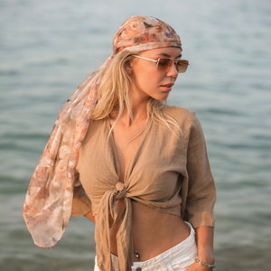 Beige Linen Wrap Top, Soft Washed Linen Blouse, Short Sleeve Wrap Crop Top, Organic Linen Clothing for Women, Casual Summer Shirt