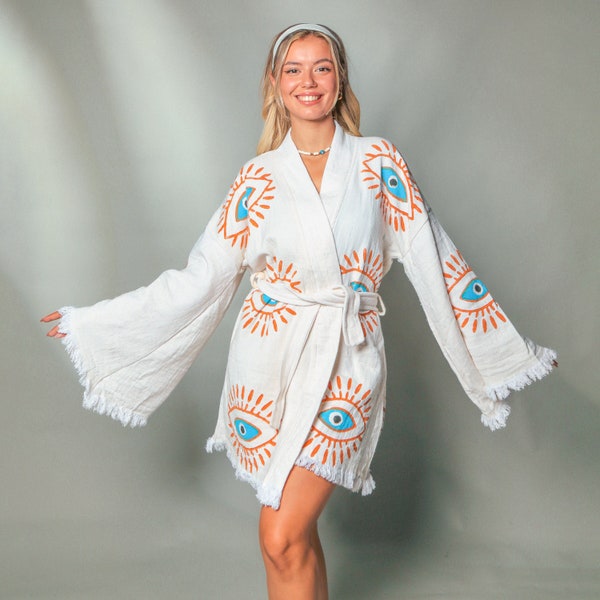 Evil Eye Festival Kimono, Short Kimono Robe, Cotton Spa Robe, Retro Cardigan Kimono Robe, Celestial Beach Cover Up, Evil Eye Jacket