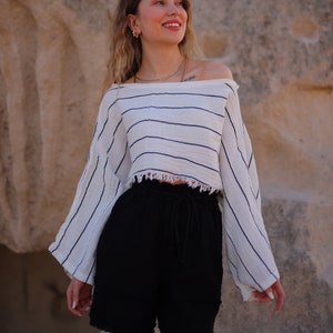 Pantalones cortos de gasa de algodón blanco: Prenda de estar por casa de verano de talle alto imagen 8