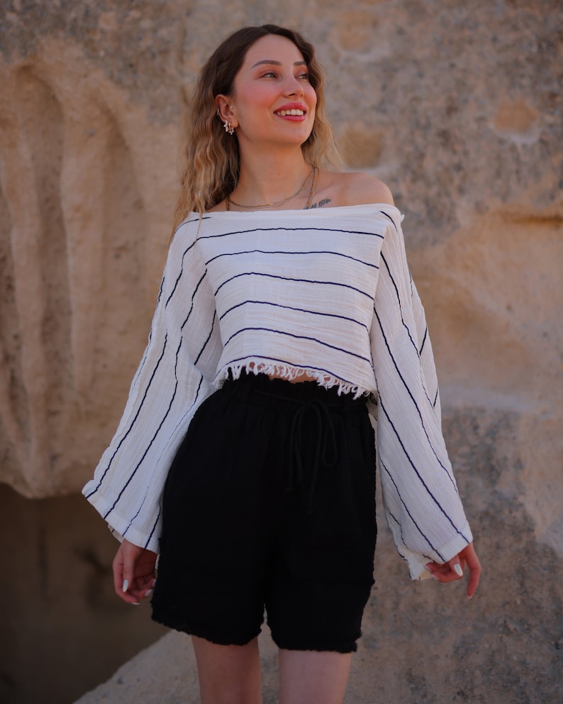Pantalones cortos de gasa de algodón blanco: Prenda de estar por casa de verano de talle alto imagen 8
