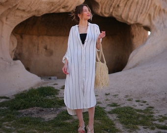 Muslin Cotton Striped Midi Dress, Long Sleeve Button Down Shirt Dress, Women's Dress Shirt,Casual Loose Tunics Shirt