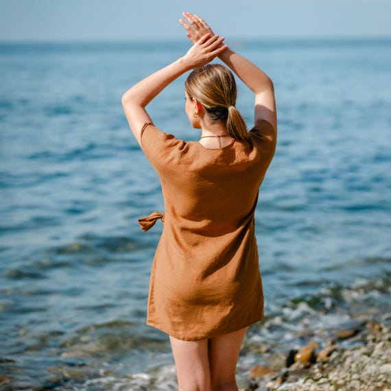 Linen Mini Wrap Dress: Short Sleeve V-Neck with Waist Tie