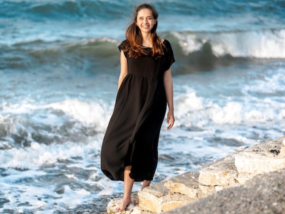 short sleeve gauze midi dress Black Organic Cotton Gauze Midi Dress: Flowy Short Sleeve Tunic