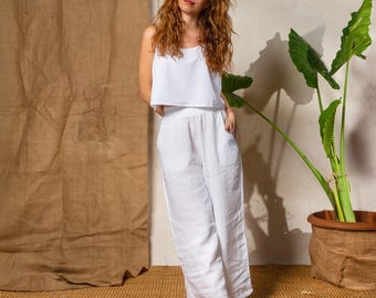 White Linen Palazzo Pants: 100% European Flax Wide Leg Beach Trousers