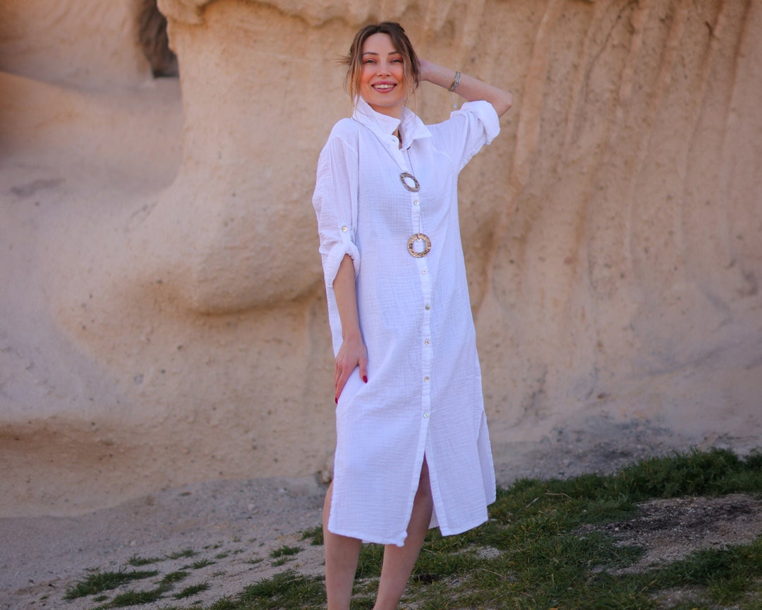 white christmas dresses Heather Harlan Crinkle Cotton Shirt Dress White main image 0
