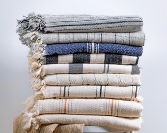 Jeté turc | Jeté de canapé en coton bio | Couverture de ferme grand lit queen-size | Couverture de lit bohème | Couverture à pampilles en coton tissée à la main