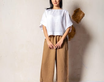 Brown Linen Palazzo Pants: High Waisted Wide Leg Trousers