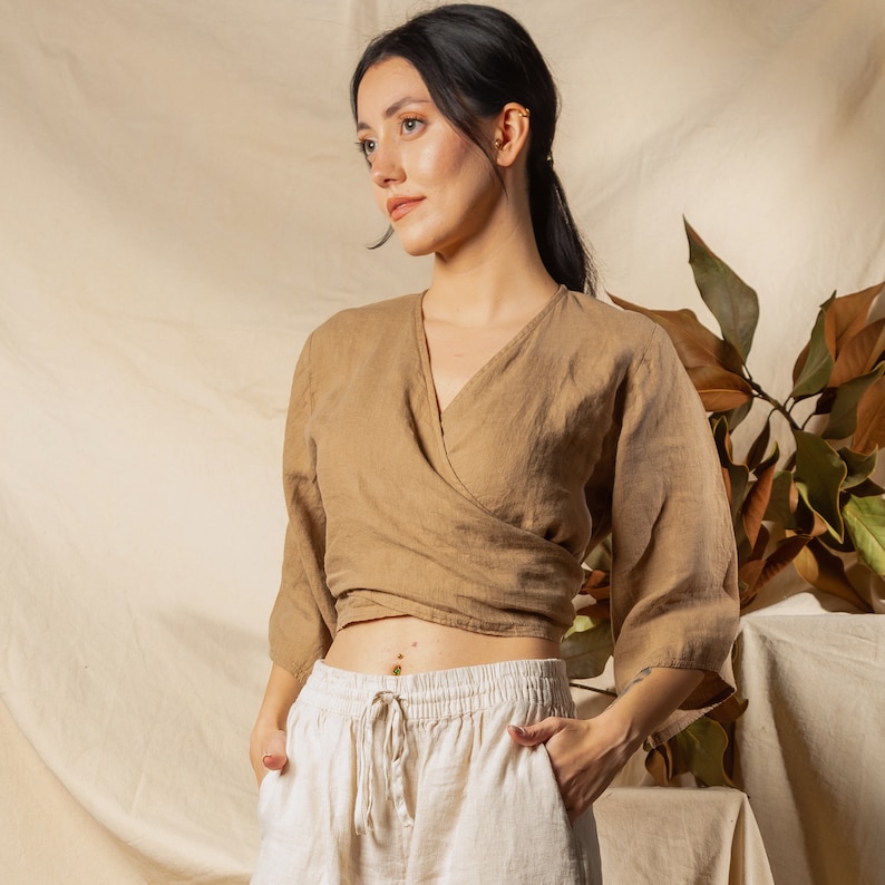 Linen Wrap Blouse, Linen Wrap Top, Cream Linen Shirt, Pure Linen Crop Top, Linen Apron Top, Organic Linen Wrap Shirt, Linen Clothing Brown