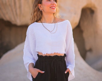 Weiß Musselin Baumwolle Crop Top schulterfrei: Boho Crinkle Bluse