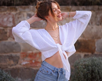 White Front Tie Top, Cotton Blouse, Long Sleeve Crop Top, Double Gauze Puffed Blouse, Wrap Crop Top, Yoga Wrap Top