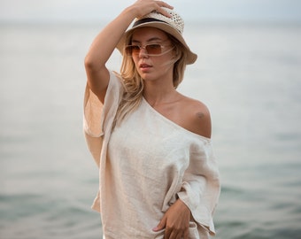 Beige Linen Blouse: Short Sleeve Eco-Friendly Top