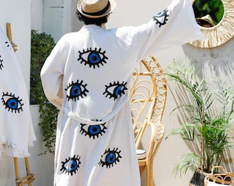 Pink Evil Eye Kimono Robe For Women - Boho Kimono Cardigan, Organic Cotton Turki