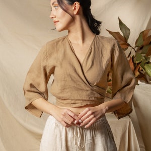 Linen Wrap Blouse, Linen Wrap Top, Cream Linen Shirt, Pure Linen Crop Top, Linen Apron Top, Organic Linen Wrap Shirt, Linen Clothing image 9