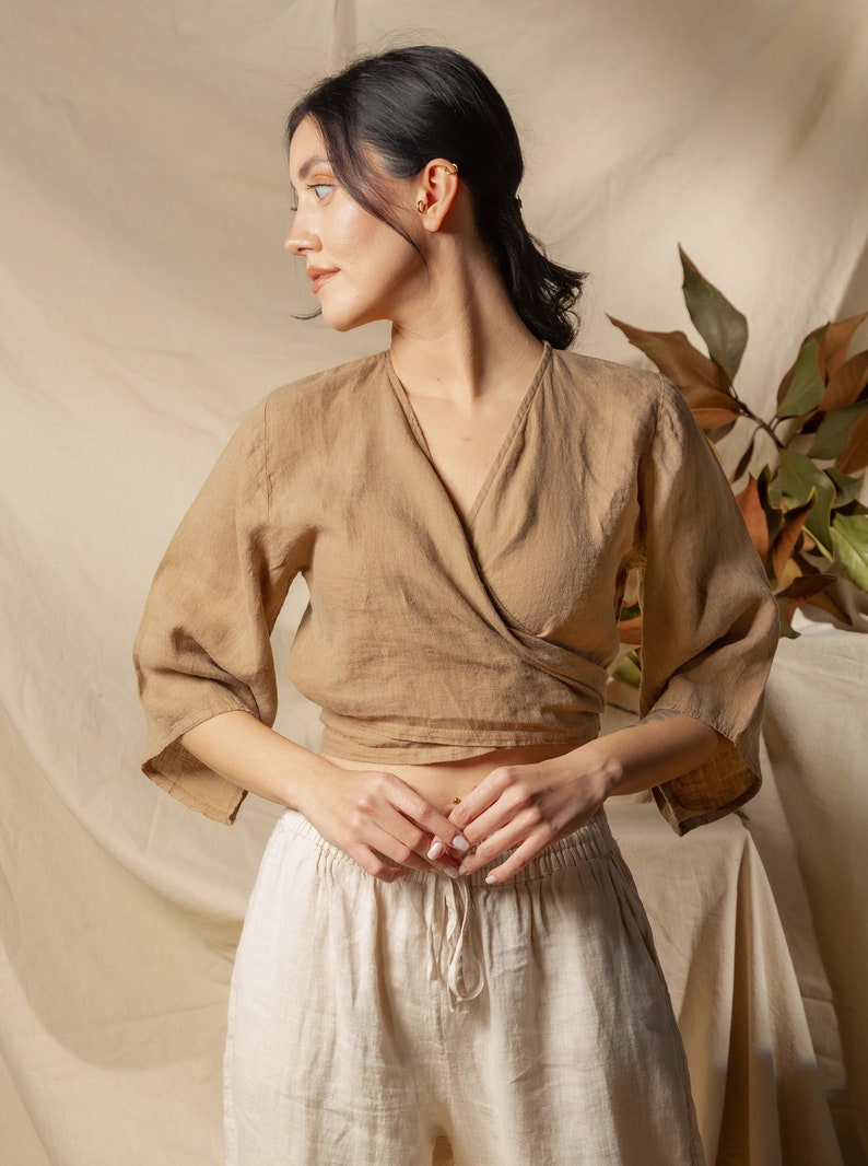 Linen Wrap Blouse, Linen Wrap Top, Cream Linen Shirt, Pure Linen Crop Top, Linen Apron Top, Organic Linen Wrap Shirt, Linen Clothing image 9