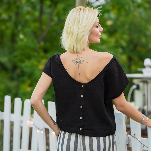 Black Cotton Gauze Top Women | Button Back Scoop Top | Off Shoulder Crop Blouse | Boatneck Double Gauze Top | Black Cap Sleeve Muslin Top