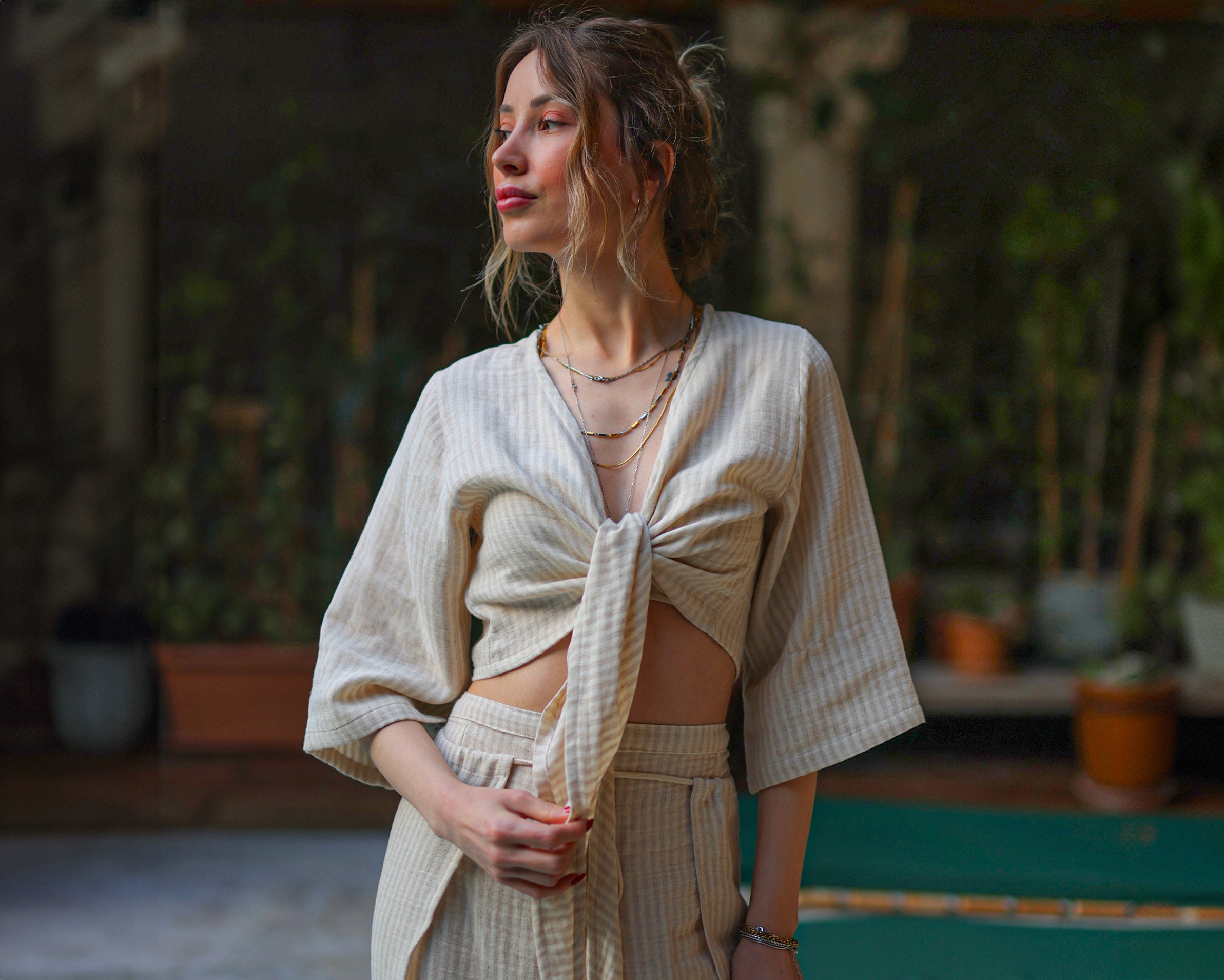 Striped Organic Cotton Tie Front Crop Top: Long Sleeve Wrap Blouse