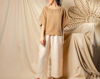 Beige Linen Palazzo Pants: Wide Leg Trousers, Elastic Waist
