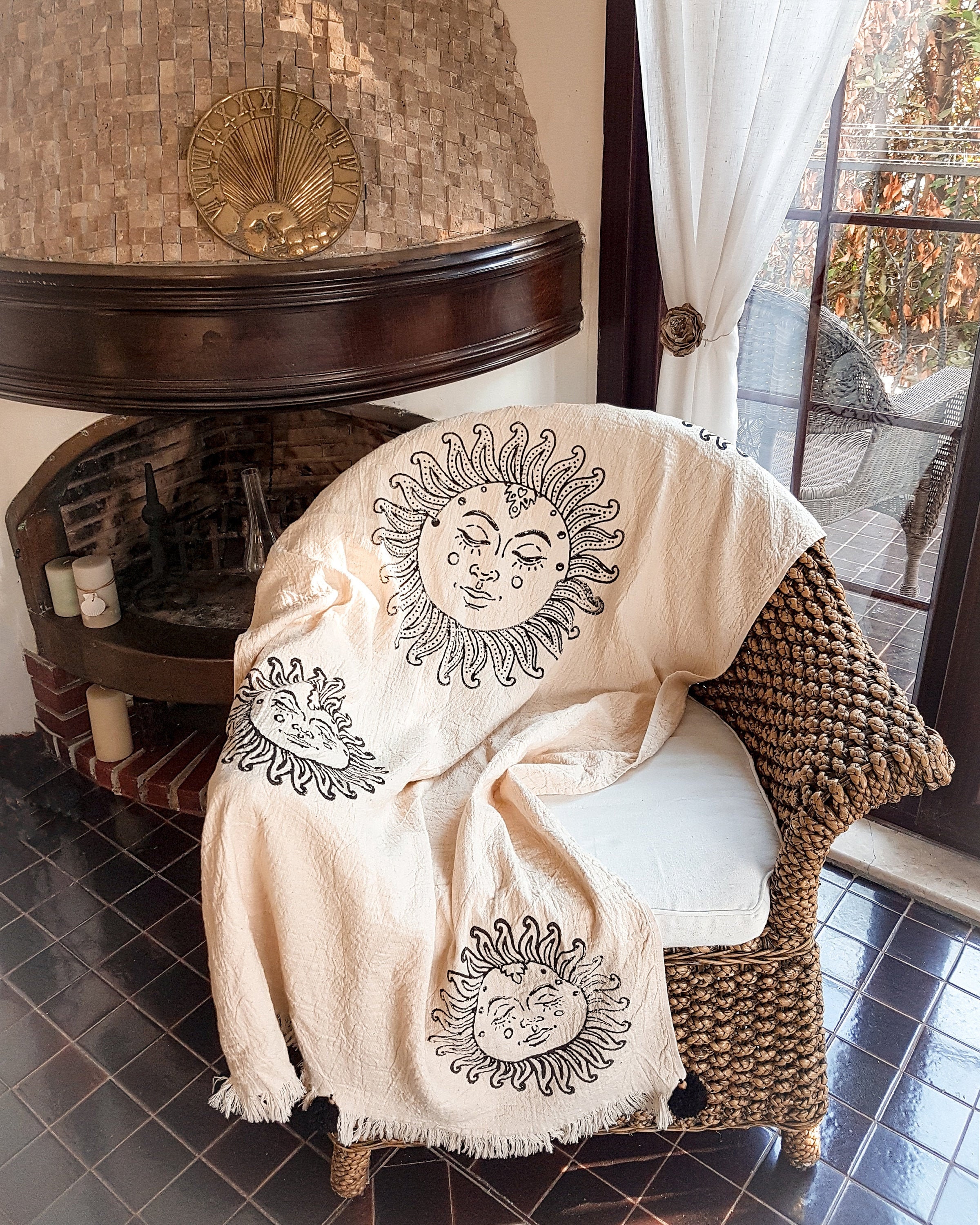 sun throw blanket/pom décoratif boho organic cotton sofa living room decor couverture de pique-nique