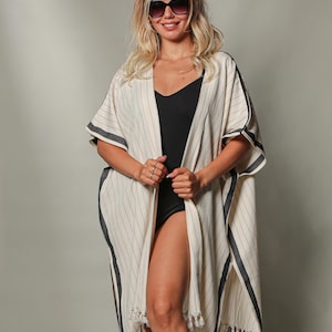 Beach Cover Up Women Bikini Swimsuit Cover up Striped Beachwear Cotton Kimono Robe Dressing Gown Gift For Her