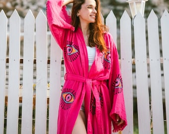 Bata de estar por casa para mujer / Kimono cárdigan rosa con ojo turco / Paño de estar por casa de algodón / Bata larga fucsia para el hogar (regalo)