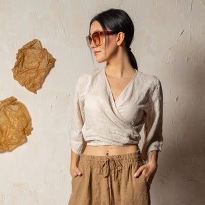 Linen Wrap Blouse, Linen Wrap Top, Cream Linen Shirt, Pure Linen Crop Top, Linen Apron Top, Organic Linen Wrap Shirt, Linen Clothing image 2