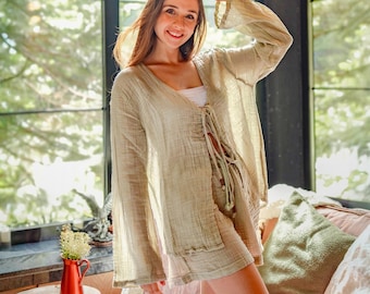 Green Crinkle Cotton Pajama Set: Organic Double Gauze Loungewear