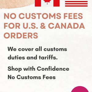Puede incluir: Un gr&aacute;fico informativo blanco con las banderas de Canad&aacute; y Estados Unidos. El texto dice: NO CUSTOMS FEES FOR U.S. & CANADA ORDERS. We cover all customs duties and tariffs. Shop with Confidence No Customs Fees. Un logotipo circular rosa con MQA se encuentra en la parte inferior derecha.