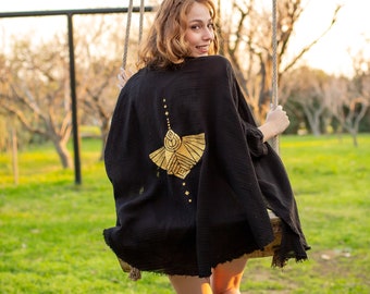 Bata kimono de muselina negra: cárdigan de algodón orgánico con estampado de ruiseñor