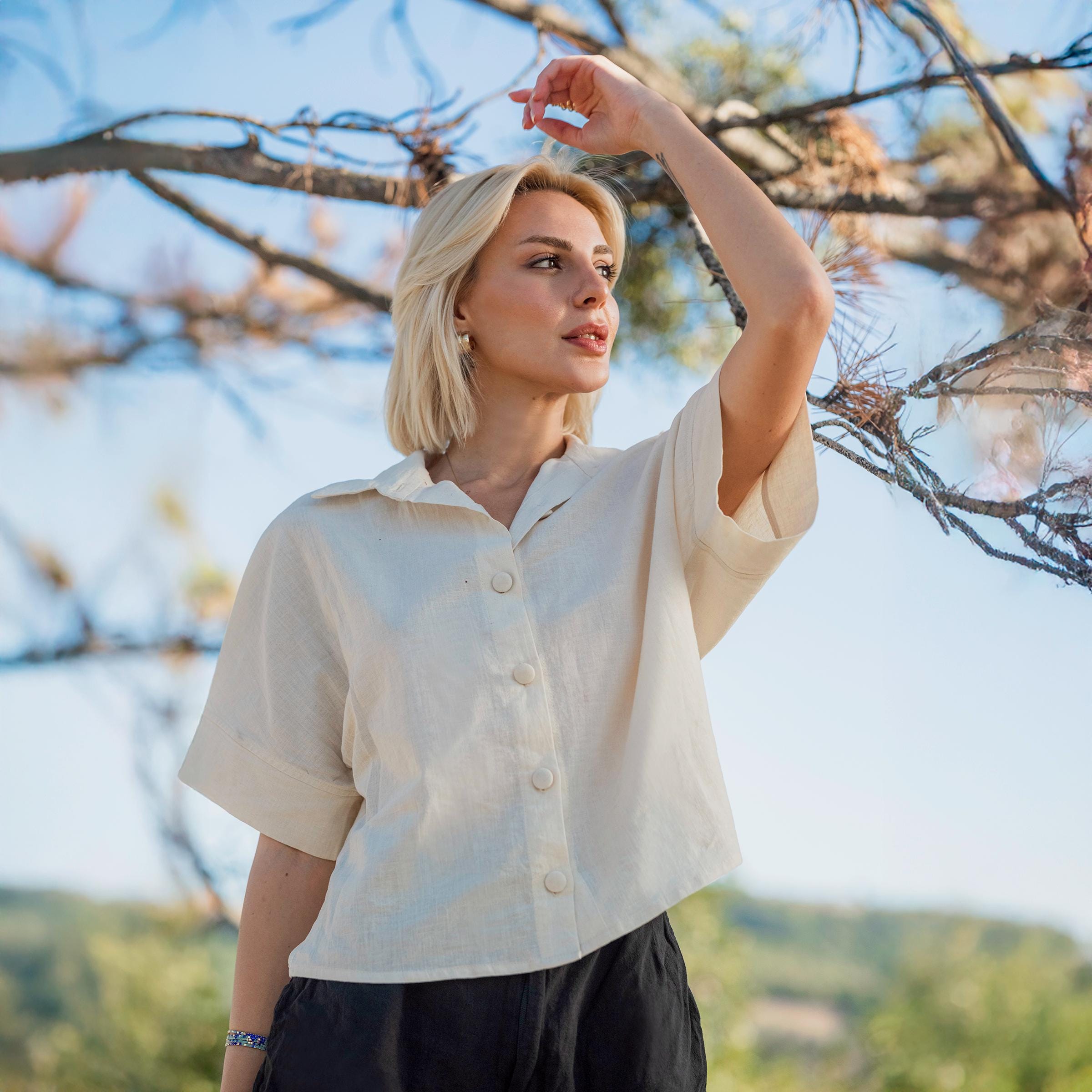 Linen Shirt Women | Camp Collar Button Down Top | Boxy Cropped
