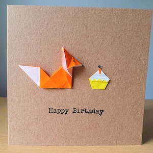 Fox and a Cupcake handmade origami Happy Birthday card with pink, yellow or blue cupcake