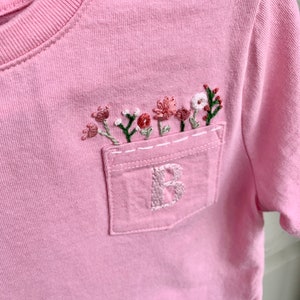 Hand Embroidered Flower Pocket T Shirt Toddler Youth with Monogram Personalization