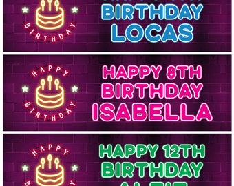 2 Personalised Retro Neon Light Birthday Celebration Banners Decoration Posters