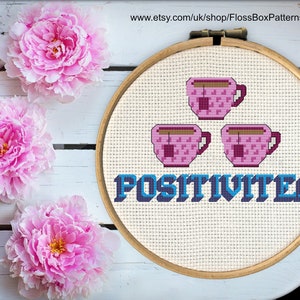 Cross Stitch PDF Pattern by Floss Box - &quot;Mini Tea Collection #4 Positivitea&quot; Instant Download