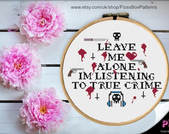 True Crime Podcast Fan Counted Cross Stitch PDF Pattern Blood Sputter & Skulls