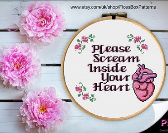 Floral "Inside Your Heart" Lustiges Zitat mit Anatomischen Herz Kreuzstich Sofort Download PDF