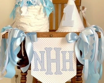 Blue dot and Blue Gingham High Chair Initial Pendant with Number Cake Topper and Birthday Party Hat with Ribbons