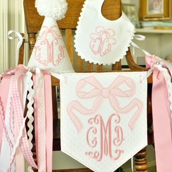 Pink Swiss Vintage Bow Highchair Pendant, Birthday Hat and Bib