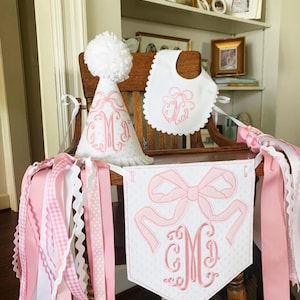 Highchair Pendant Pink Swiss Vintage Bow, Birthday Hat and Bib-Heirloom Keepsake Banner-Girl Birthday-First Birthday Embroidered Pink Banner
