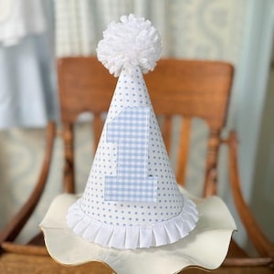 Birthday Party Hat in Pink and Blue Dot with Gingham Number 1
