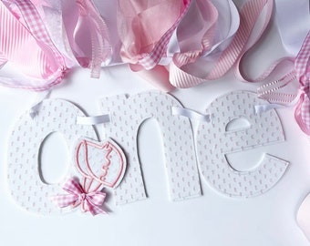 Baby Bonnet ONE High Chair Birthday Banner with Number Cake Topper with Bonnet Attached