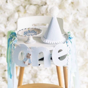Peter Rabbit Birthday ONE High Chair Banner and Hat in Blue Gingham