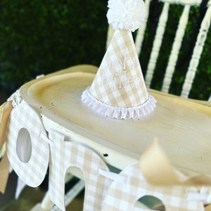 khaki Gingham ONE High Chair Banner and Hat for a First Birthday