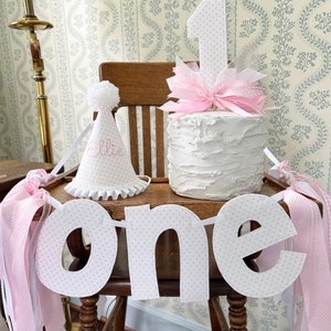 Pink and White Dot ONE High Chair Banner and Birthday Hat