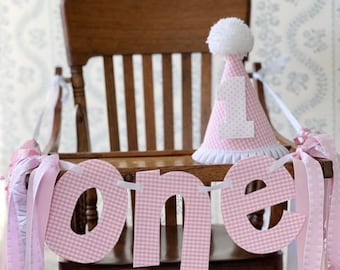 Pink Gingham ONE High Chair Banner and Hat for a First Birthday