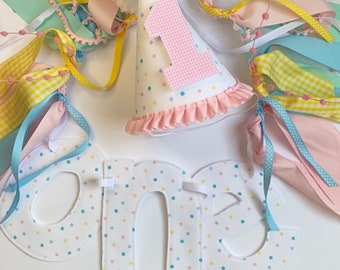 Pastel Dot ONE High Chair Banner and Birthday Hat