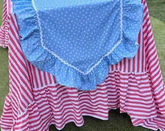Blue Floral Ruffle Table Runner with White Ricrac