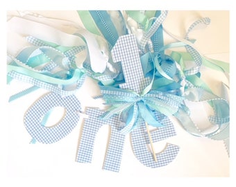 Blue and White Gingham ONE High Chair Birthday Banner